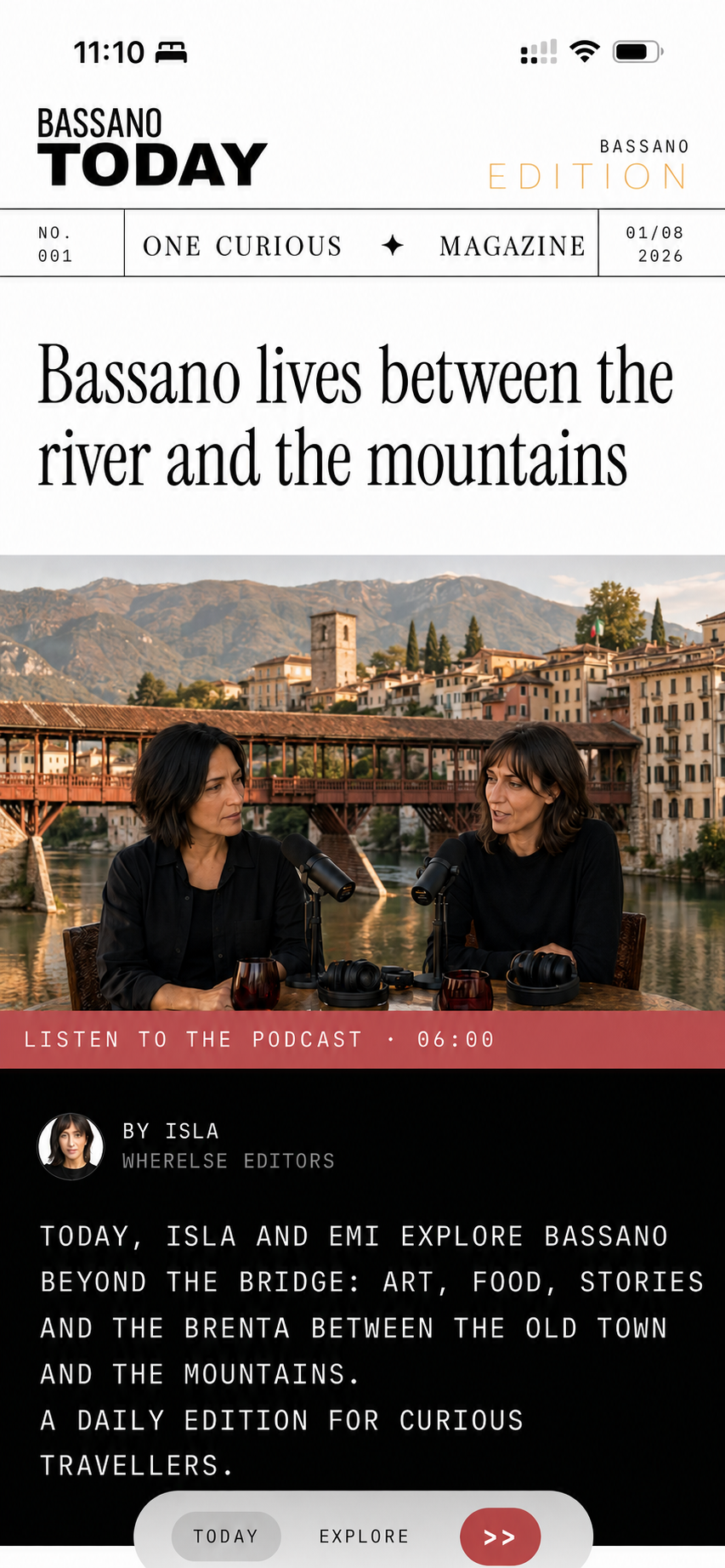 Prima pagina di Wherelse Bassano Today con la storia principale e l'edizione audio quotidiana